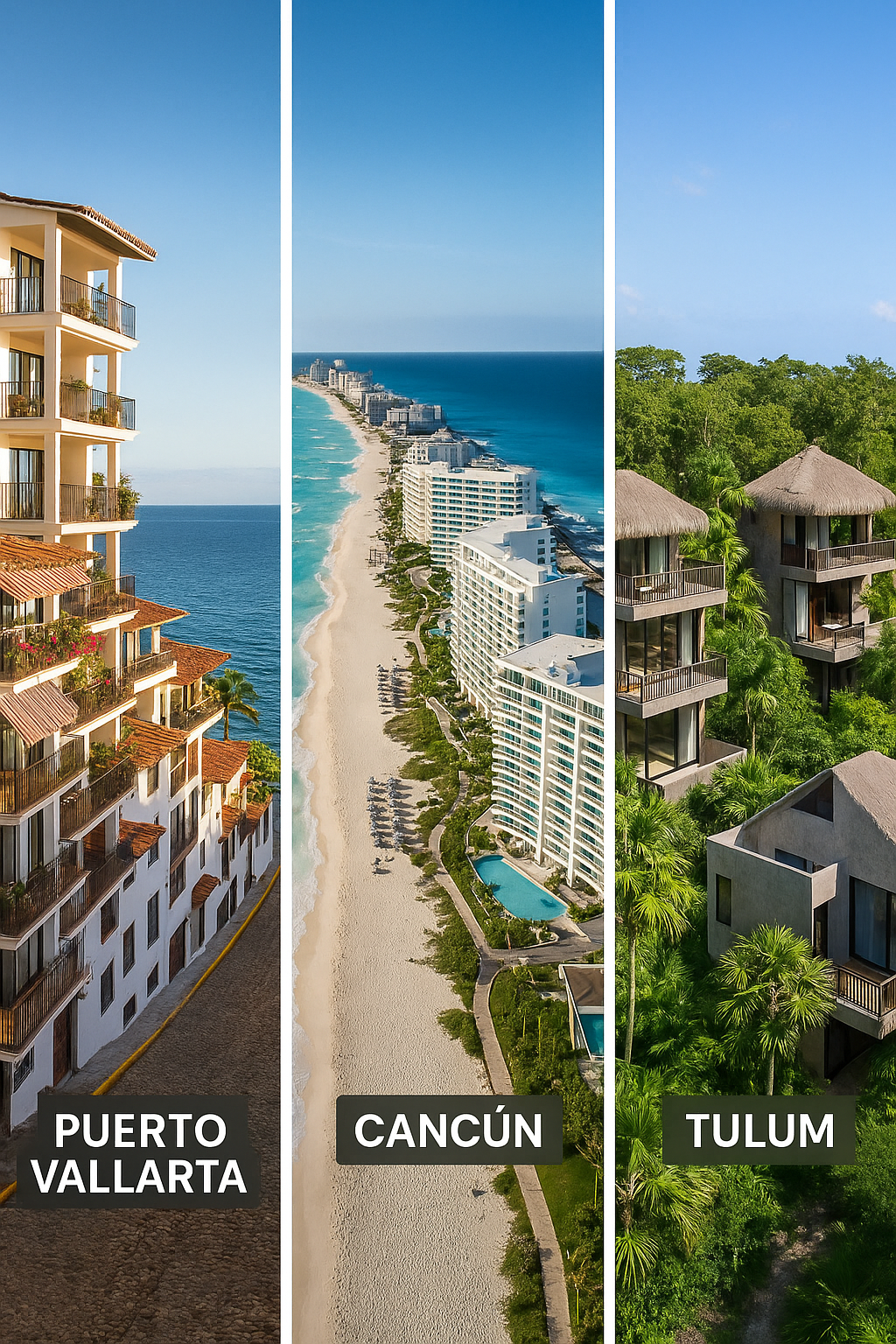 Side-by-side comparison of real estate in Puerto Vallarta, Cancún, and Tulum with beachfront and jungle views
