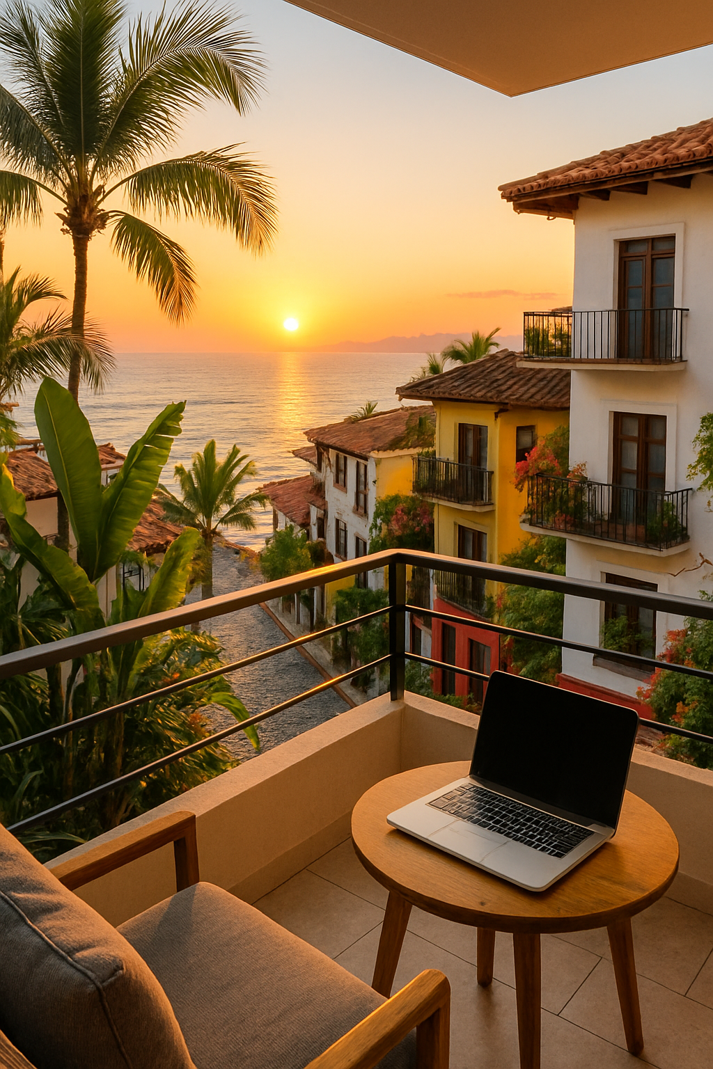 Sunset view from Puerto Vallarta balcony with laptop and ocean in background