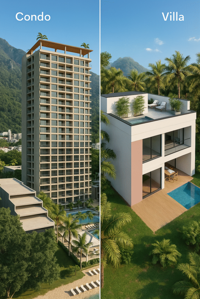 Side-by-side comparison of a luxury condo building and a modern villa in Banderas Bay, Mexico