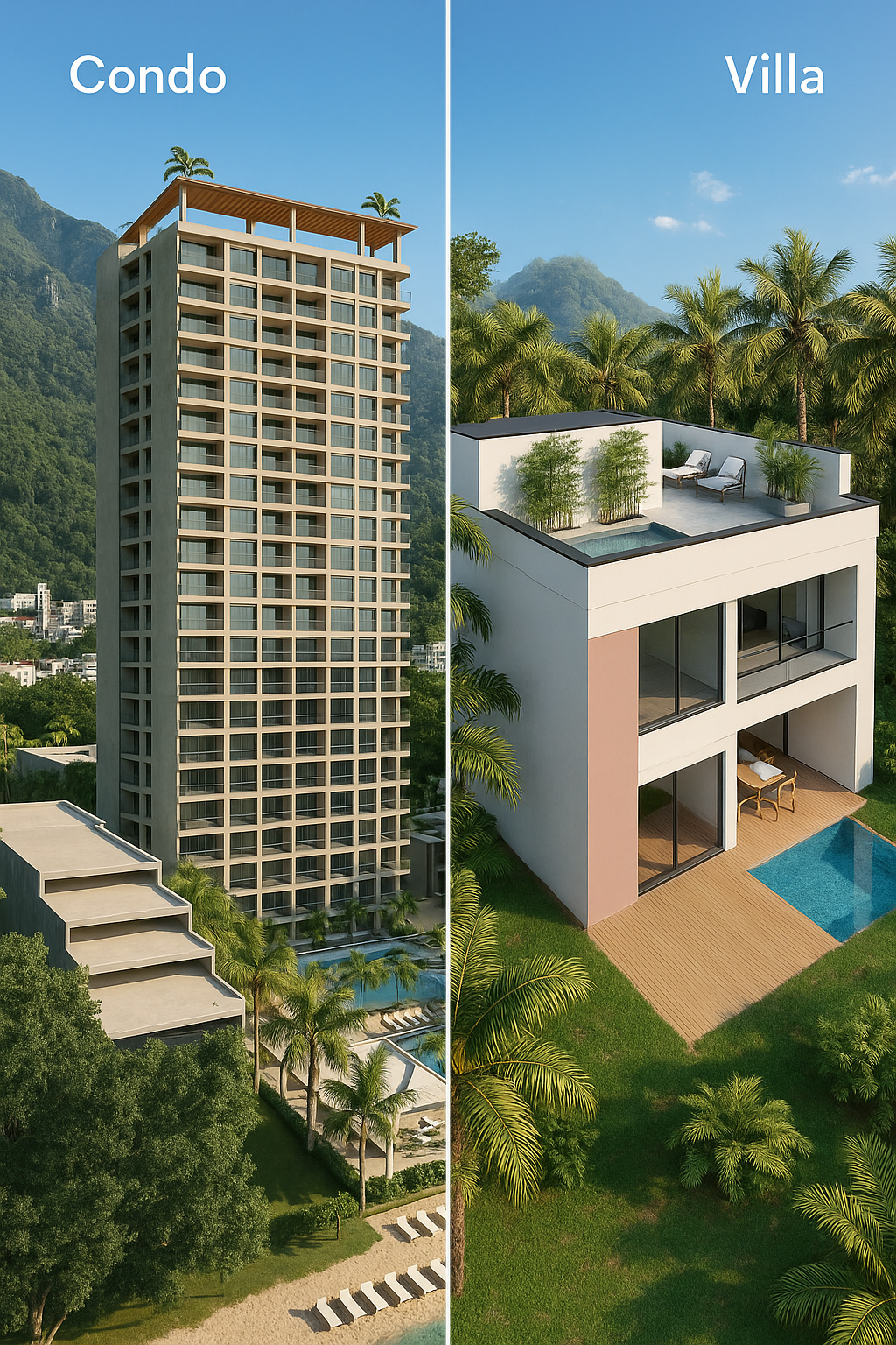 Side-by-side comparison of a luxury condo building and a modern villa in Banderas Bay, Mexico
