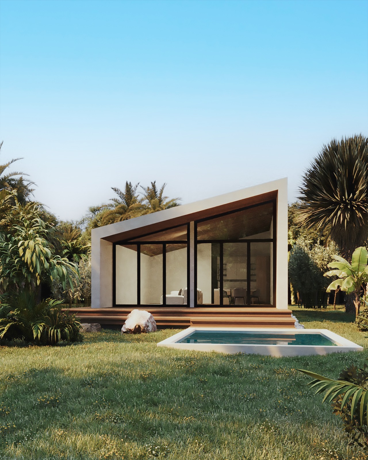 Modern luxury villa with large glass windows and private pool in a tropical setting