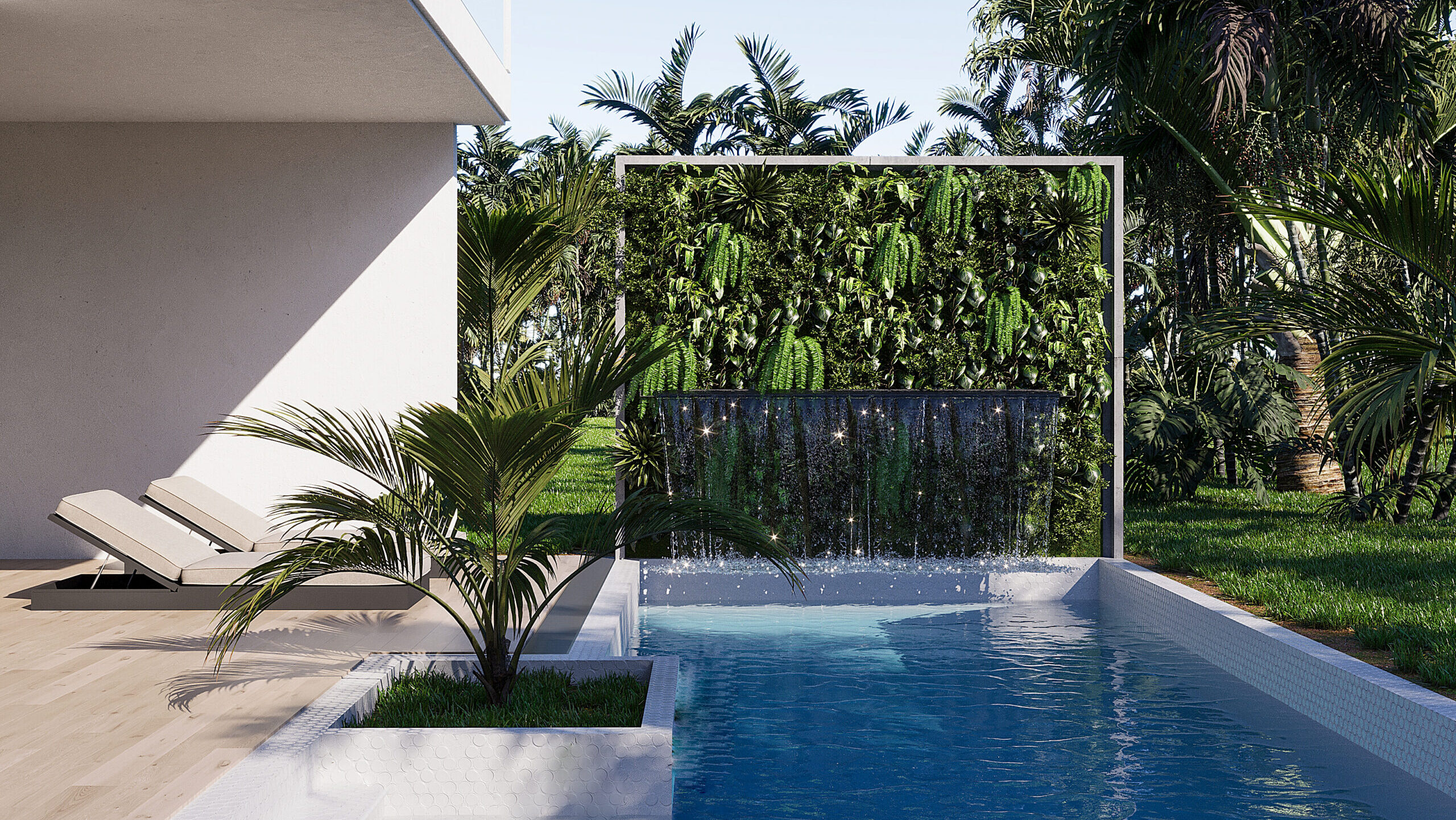 Luxury pool with waterfall feature and green wall in a presale Punta Mita villa