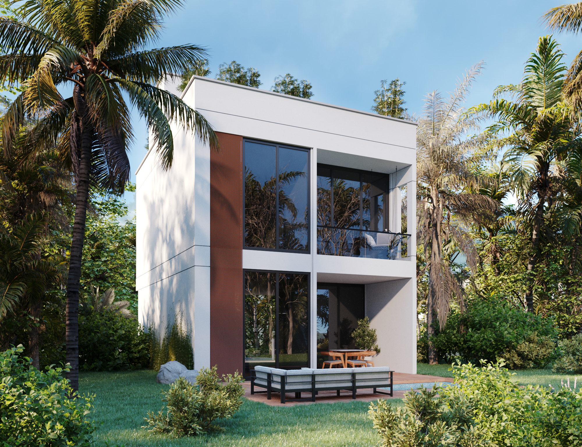 Alternate view of the back facade with private pool and elegant design in a Punta Mita villa.