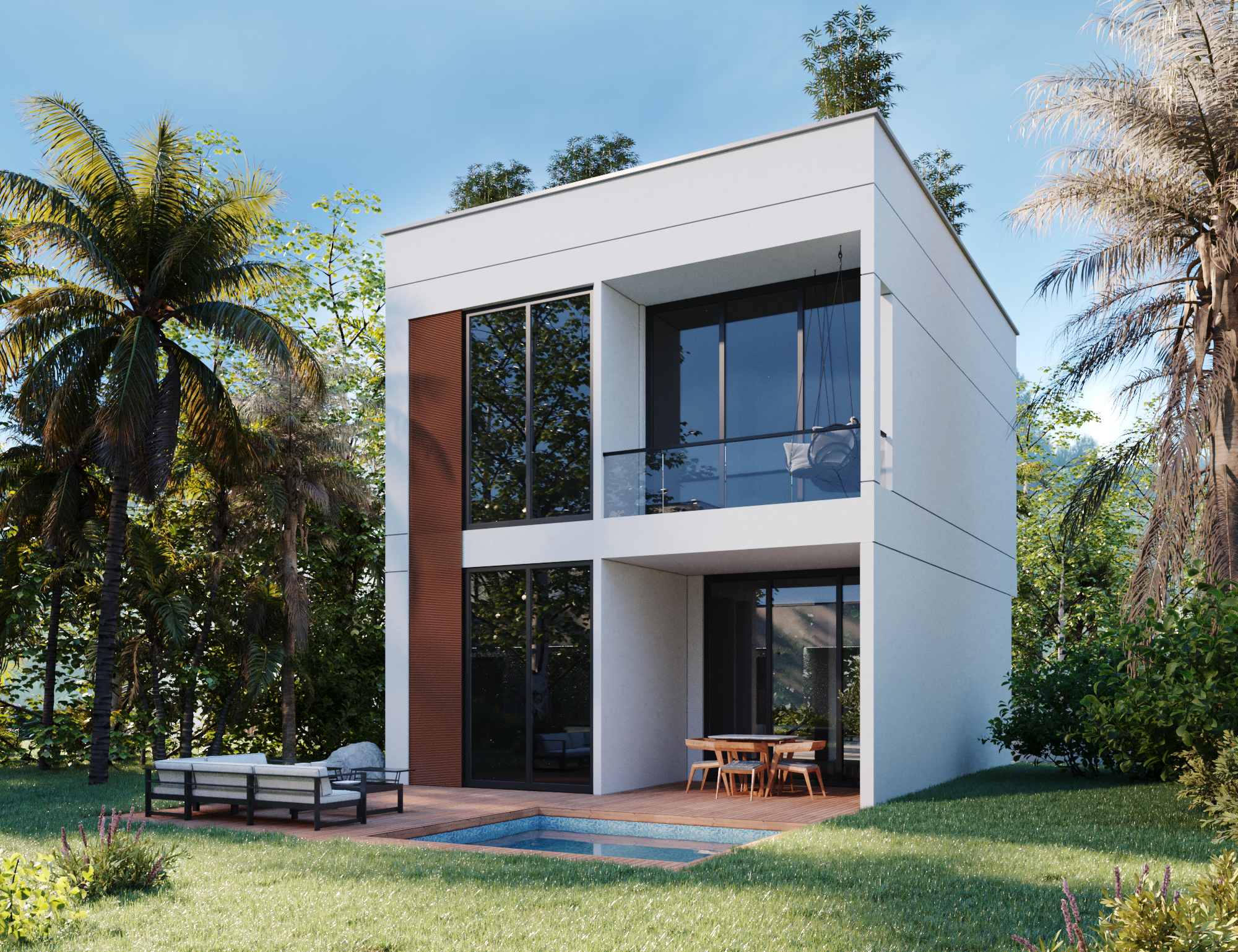 Modern tropical back facade of a Punta Mita villa with a private pool and lush greenery