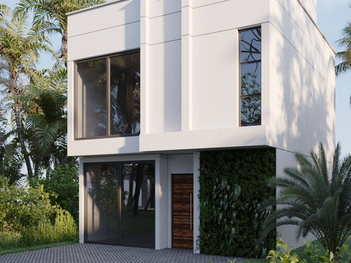 Front facade of a luxury Punta Mita villa with a modern design and vibrant green wall.