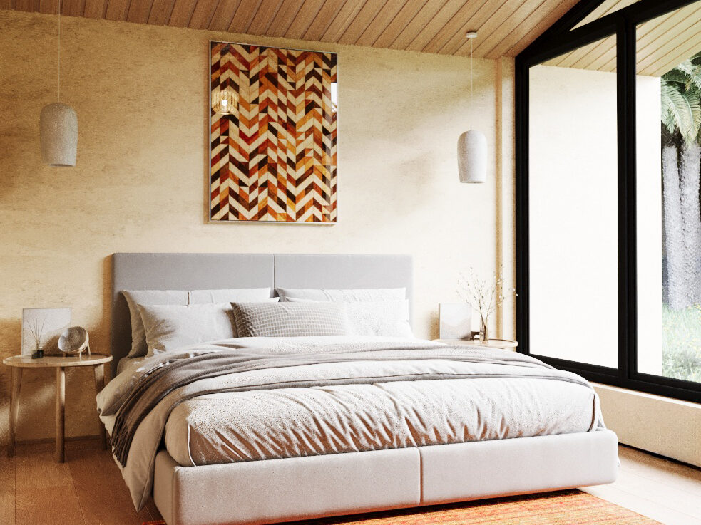 Tranquil bedroom in a 1-bedroom pre-sale Punta Mita villa with modern furnishings and natural light