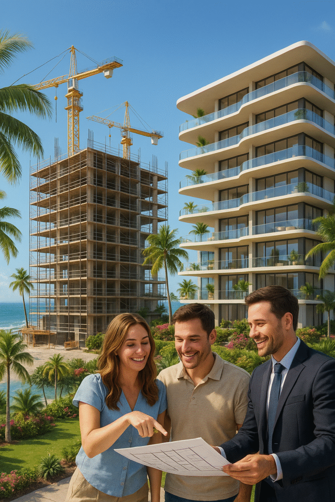 Couple reviewing floor plans with real estate agent in front of a presale condo development under construction in Puerto Vallarta.