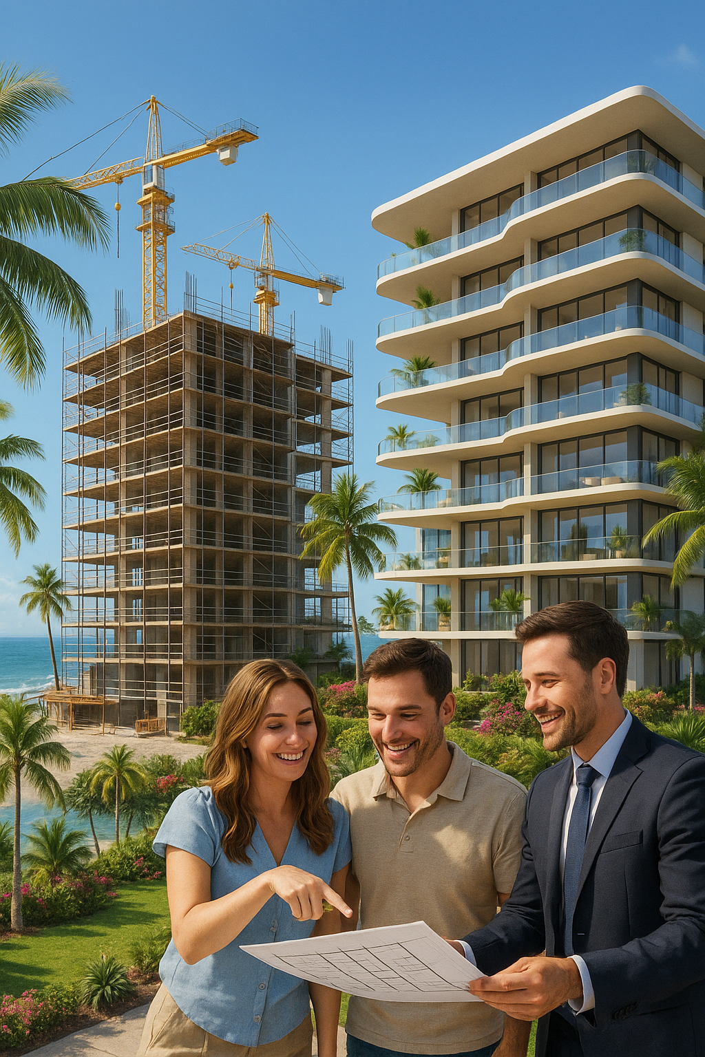 Couple reviewing floor plans with real estate agent in front of a presale condo development under construction in Puerto Vallarta.