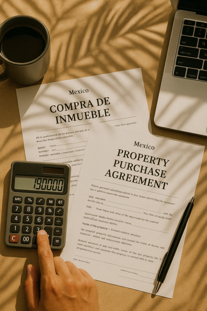 Hand calculating condo purchase costs in Mexico with property agreement papers