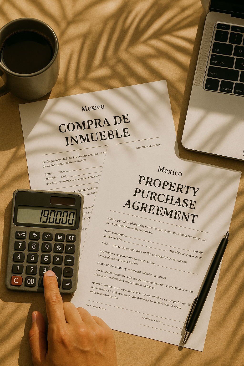 Hand calculating condo purchase costs in Mexico with property agreement papers