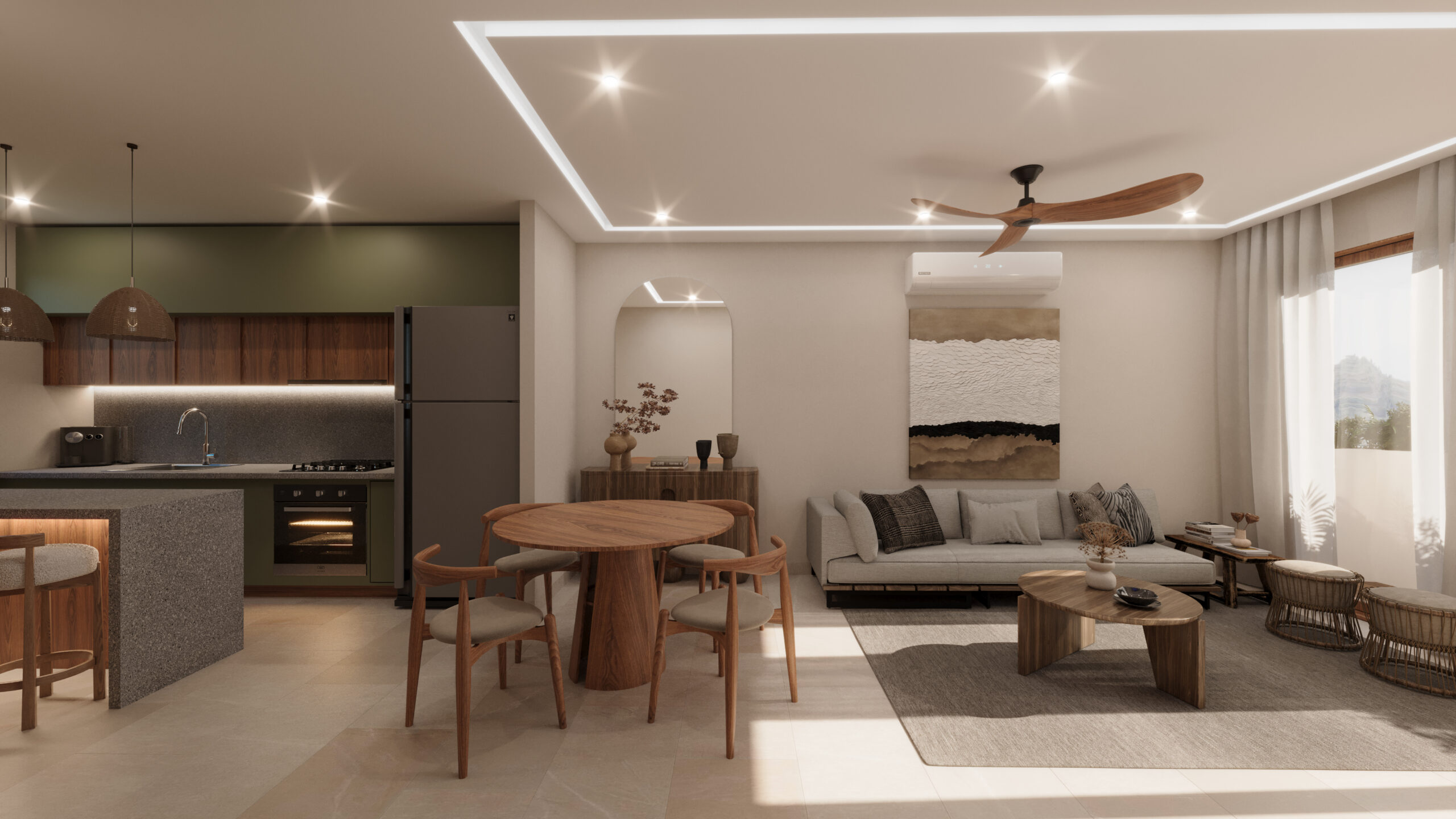 Spacious living room in a modern pre-sale Puerto Vallarta condo with open-concept design and ocean view
