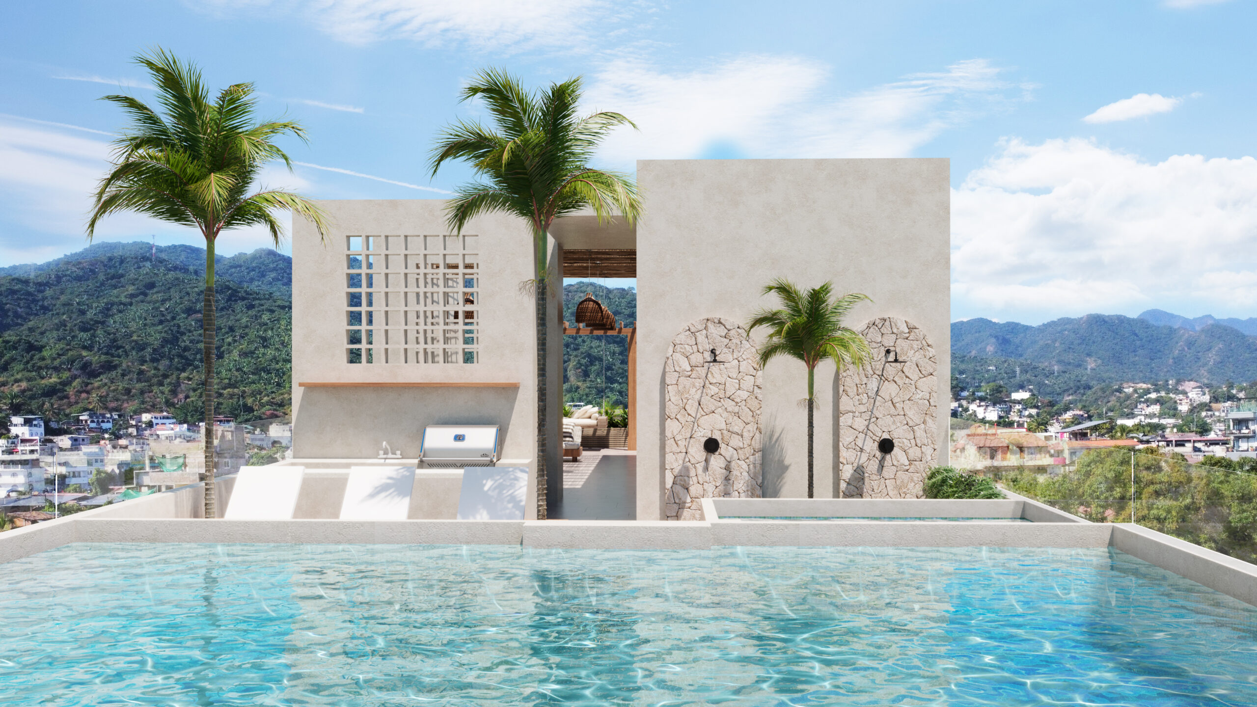 Rooftop infinity pool in a luxury pre-sale Puerto Vallarta condo with panoramic ocean views