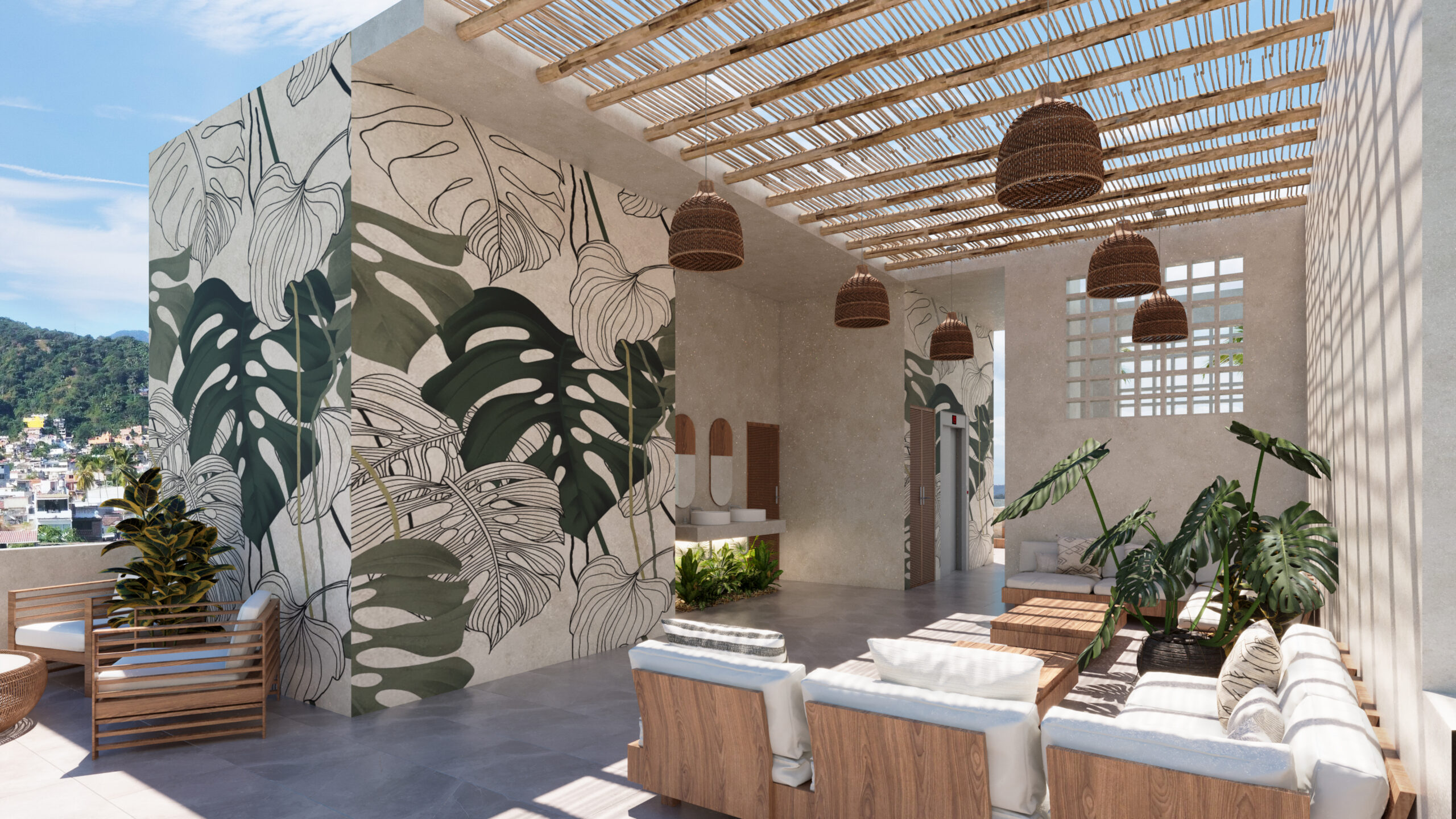 Rooftop terrace in a luxury pre-sale Puerto Vallarta condo with ocean views and infinity pool