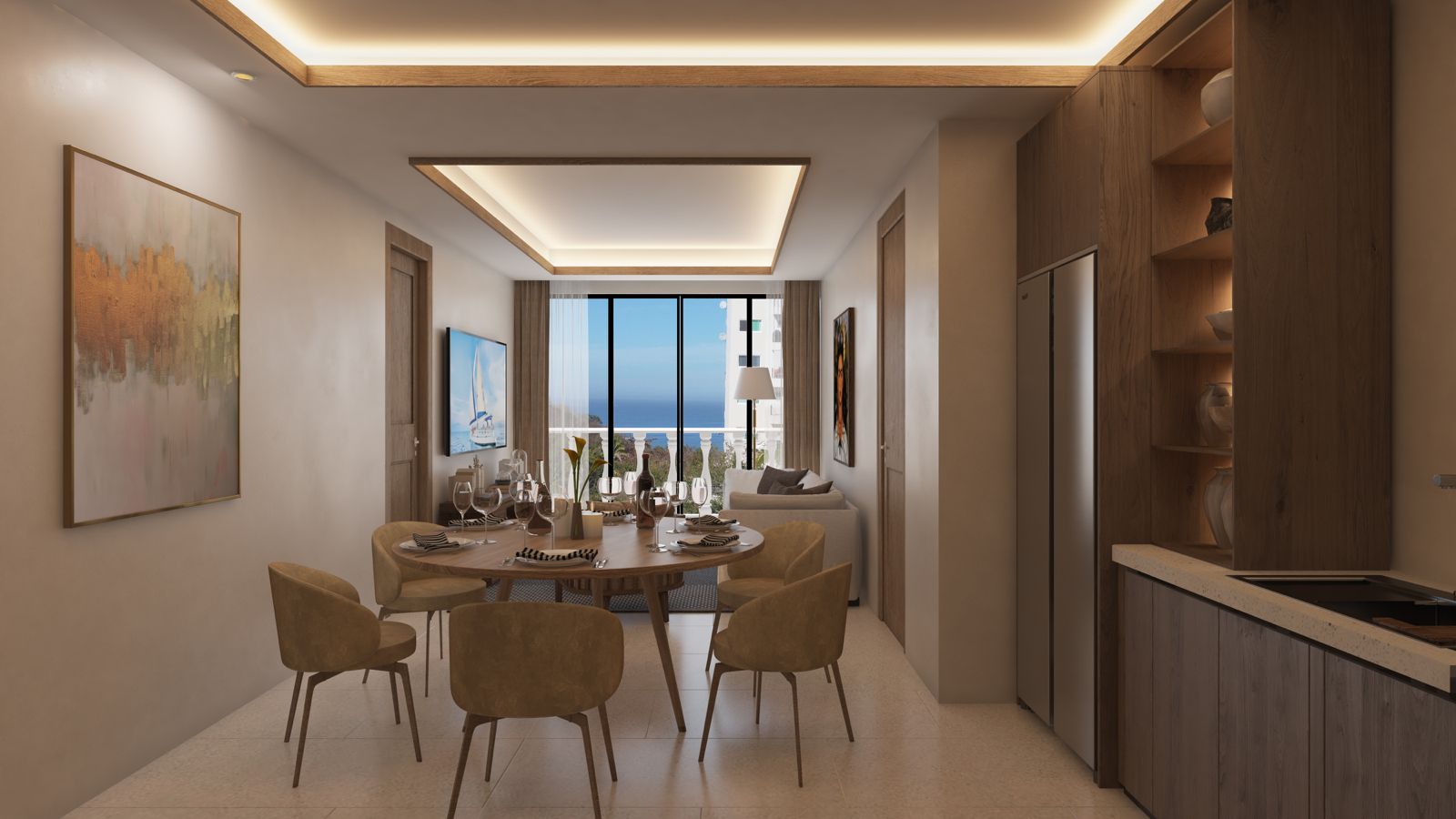 Spacious living room with panoramic ocean view in a modern pre sale Puerto Vallarta residence
