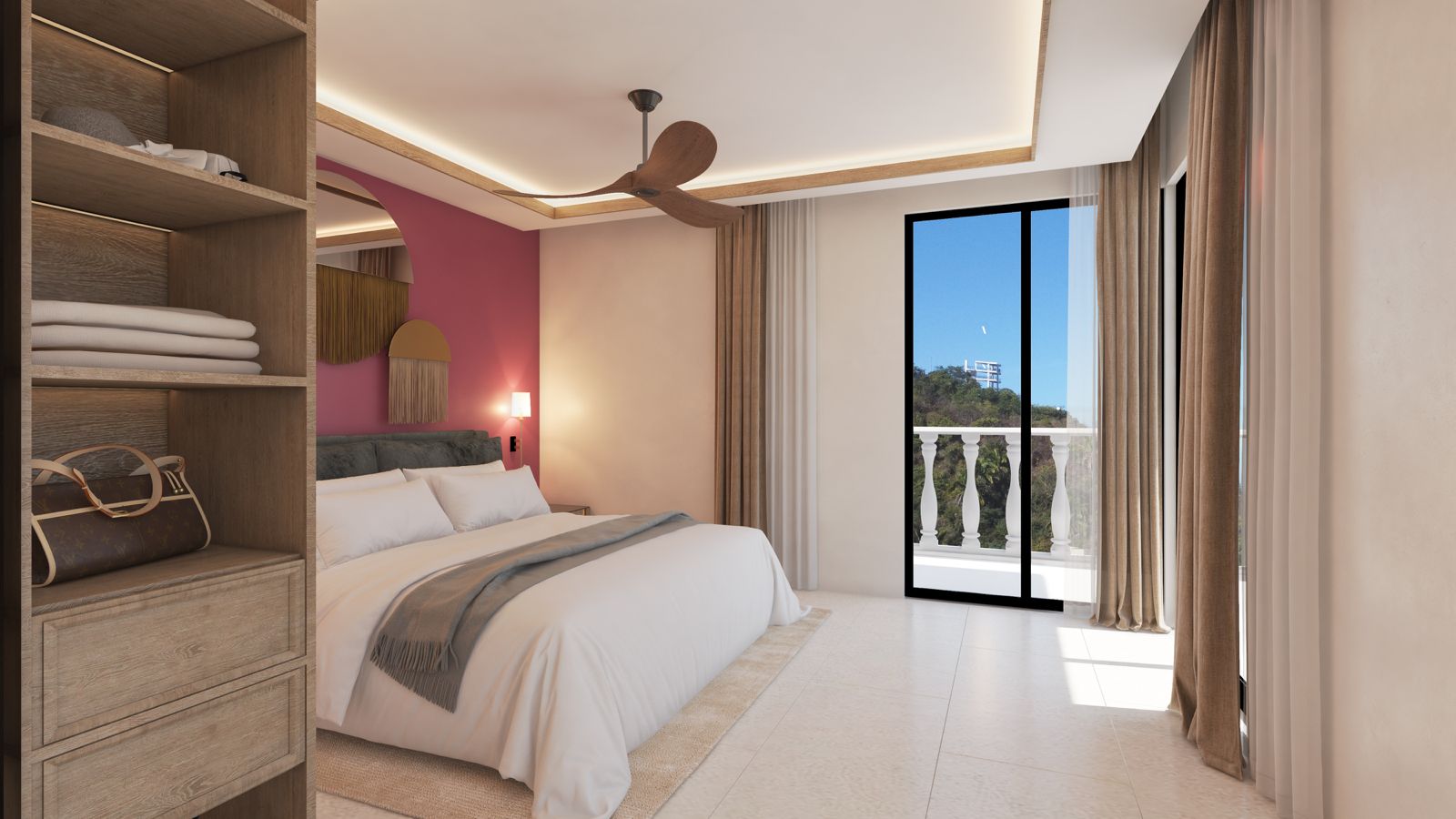 Elegant bedroom in a luxury pre sale Puerto Vallarta condo with modern design