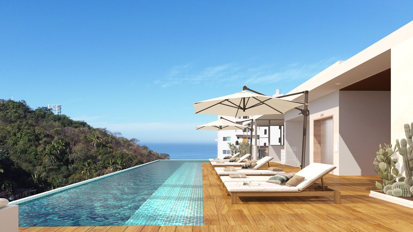 Rooftop infinity pool with panoramic ocean views in a luxury pre sale Puerto Vallarta development