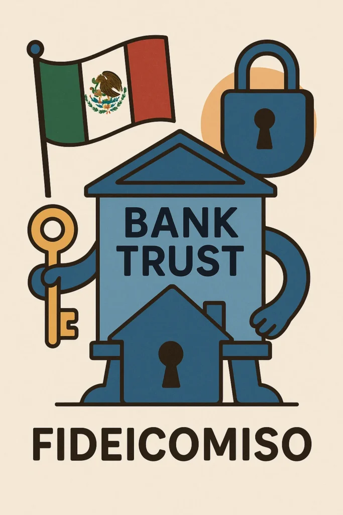 Illustration of Mexican bank trust (fideicomiso) holding a key and house with Mexican flag and lock symbol