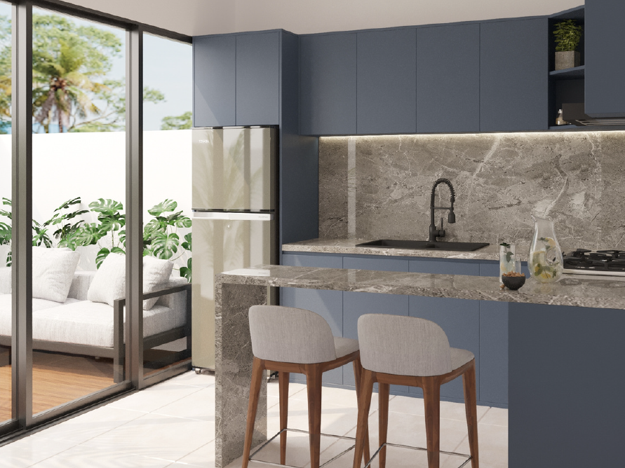 Modern kitchen in a Puerto Vallarta pre-sale villa with sleek appliances and contemporary design