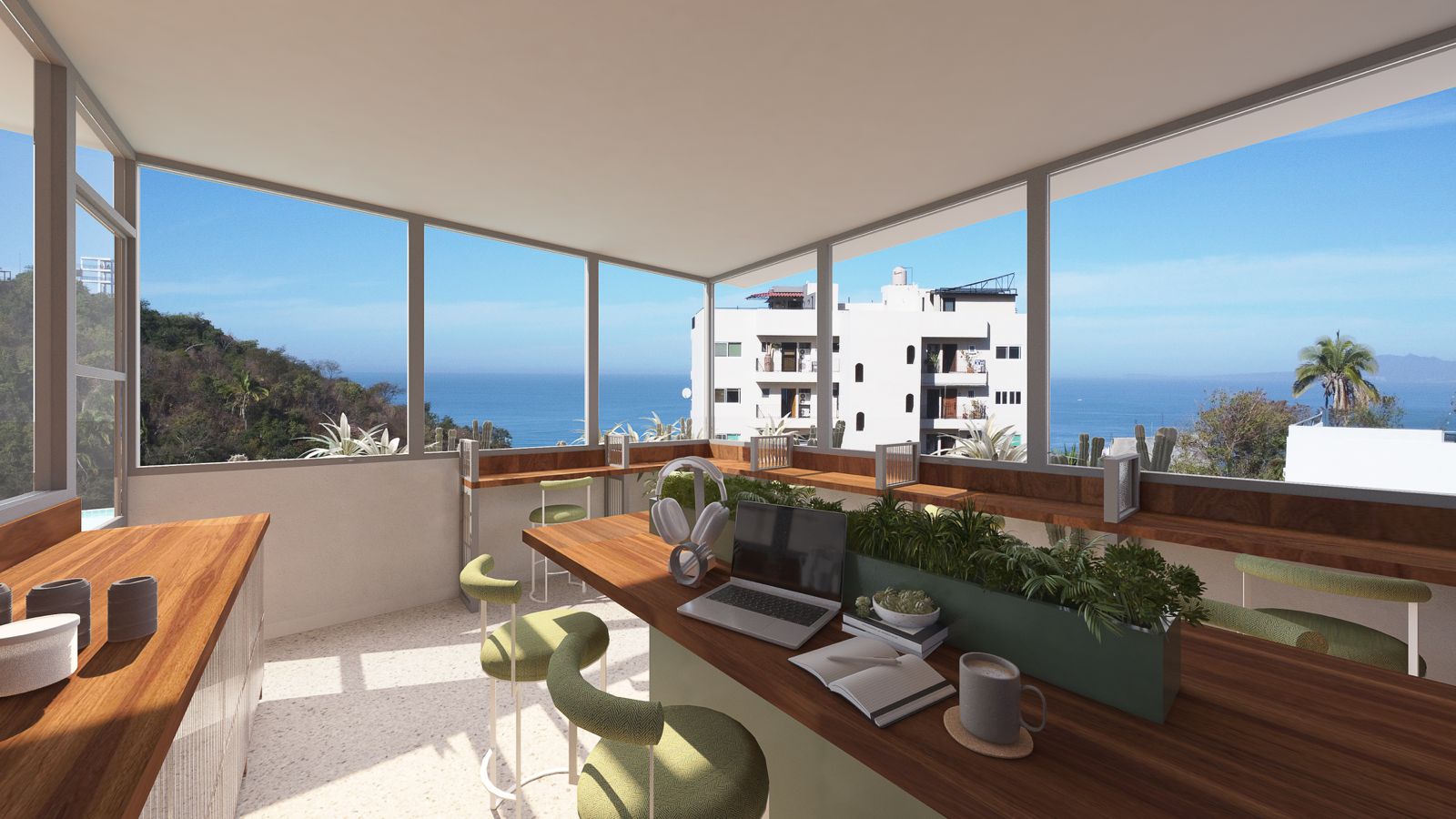 Modern living room with panoramic ocean view in a pre sale Puerto Vallarta condo