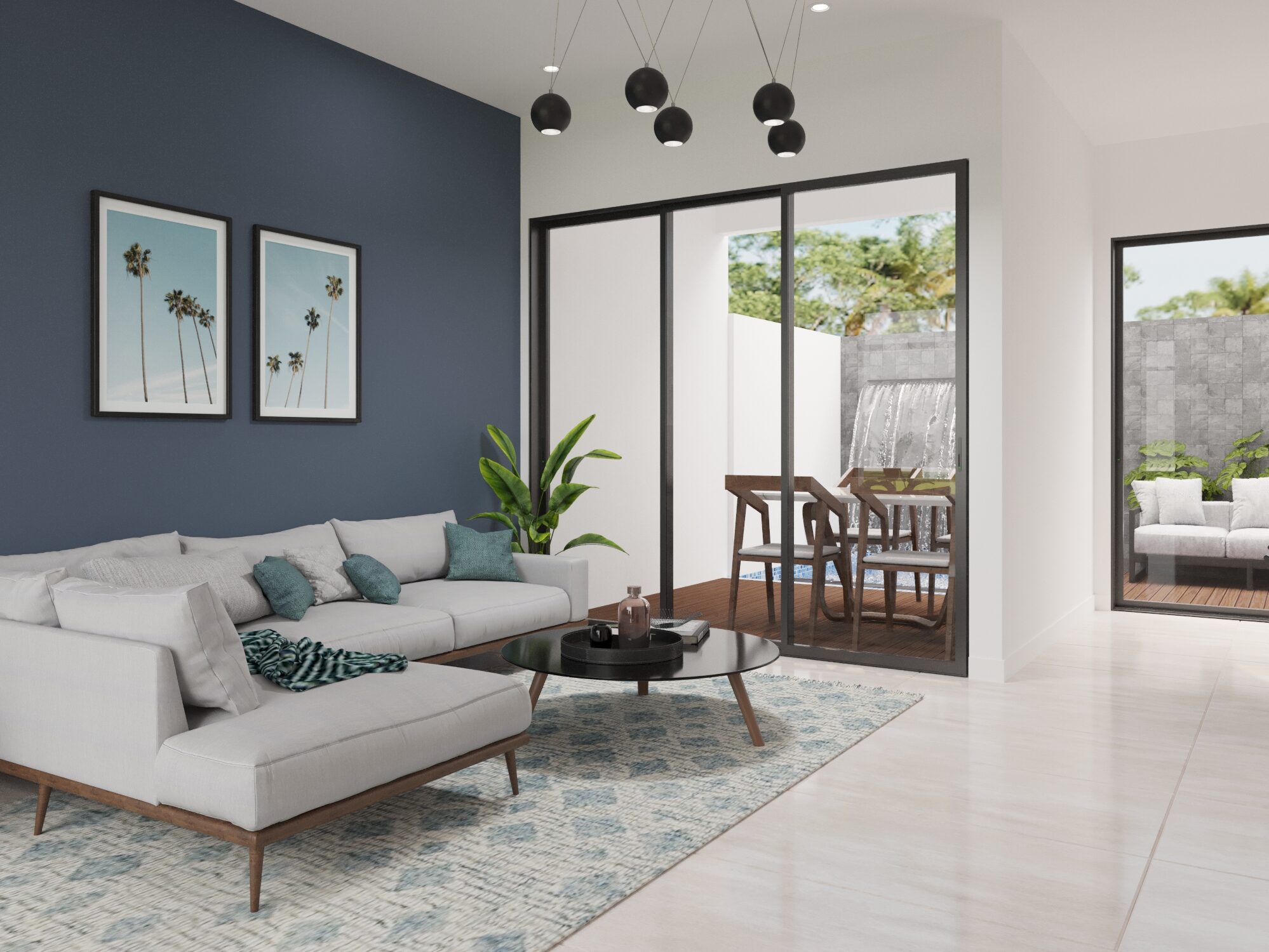 Second view of the living room in a Puerto Vallarta pre-sale villa, showcasing luxury finishes and open design