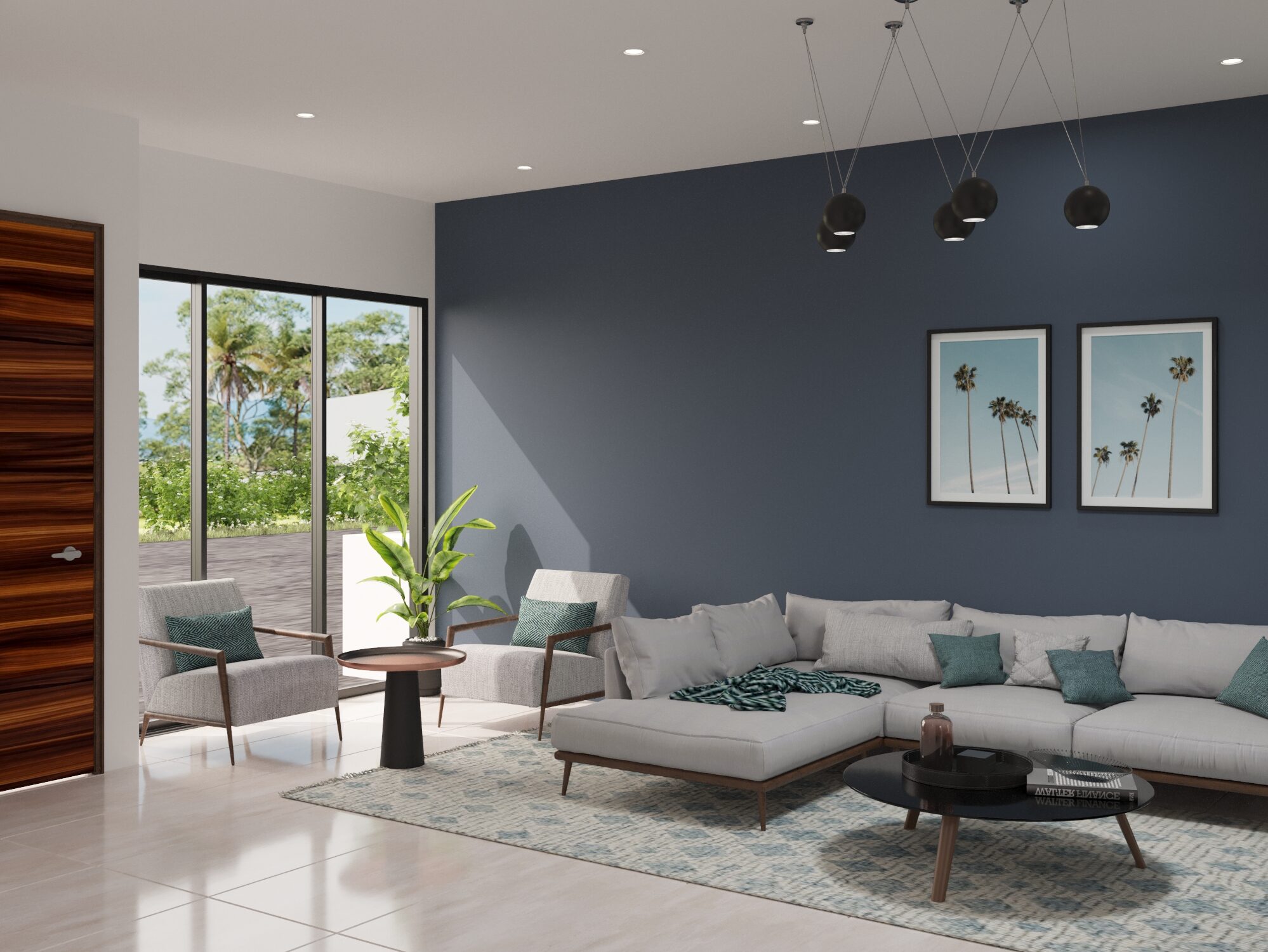 Spacious living room in a pre-sale villa in Puerto Vallarta with natural lighting and modern furniture.