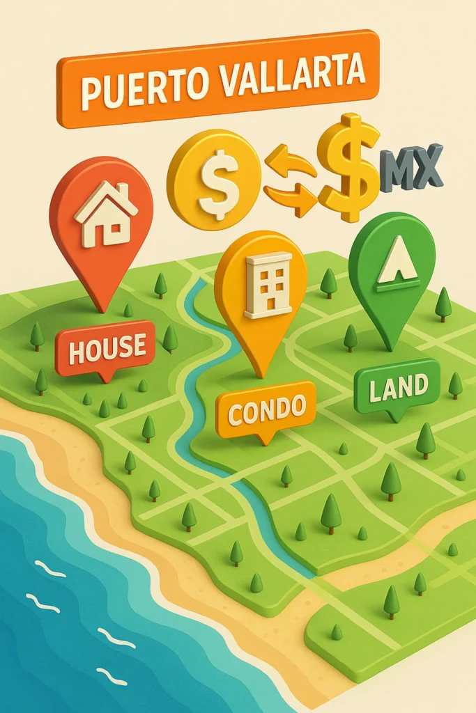 3D illustrated map of Puerto Vallarta showing property types — house, condo, and land — with dollar and peso currency symbols