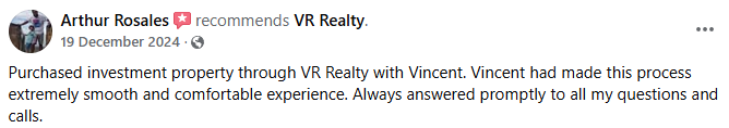 5-star client review for VR Realty highlighting excellent presale property service