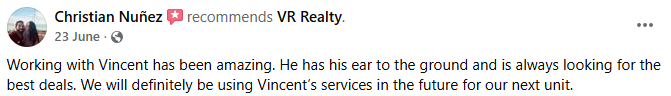 Client feedback praising VR Realty’s support during the presale real estate process