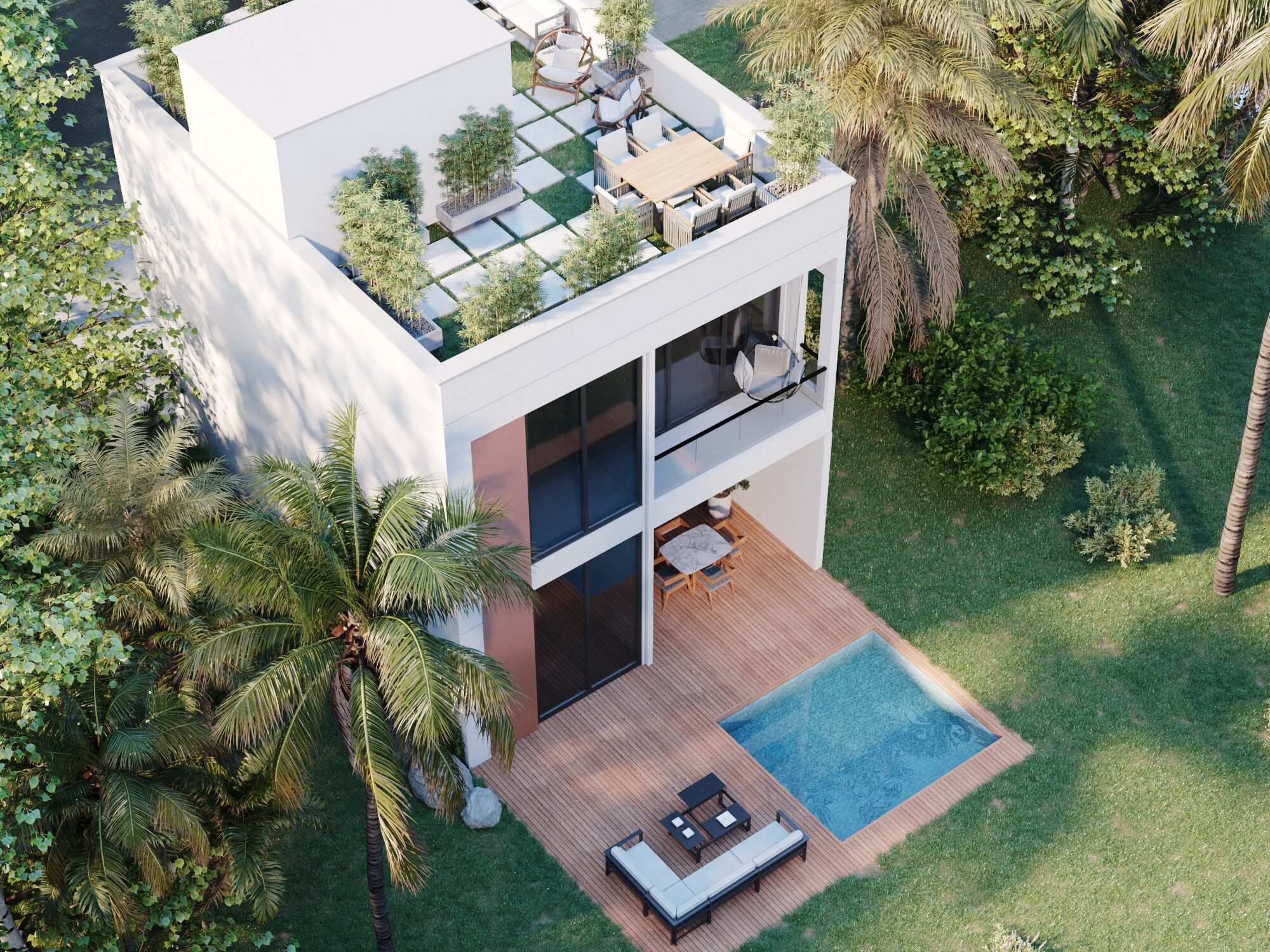 "Rooftop lounge with jacuzzi and panoramic views in a luxury villa in Punta Mita