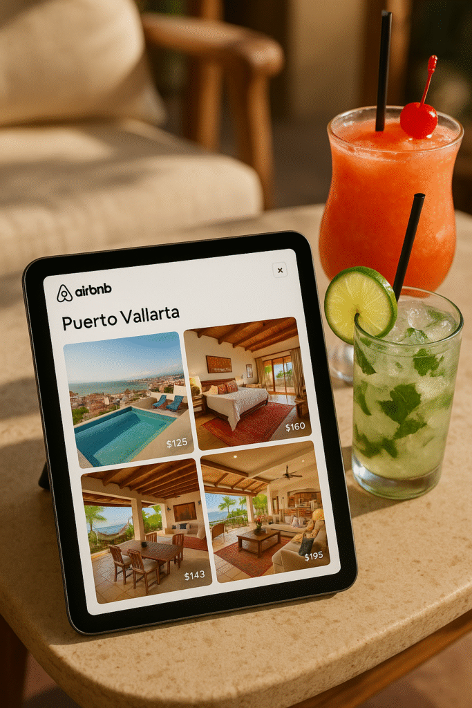Tablet showing Airbnb listings in Puerto Vallarta with nightly rental prices, next to tropical cocktails.