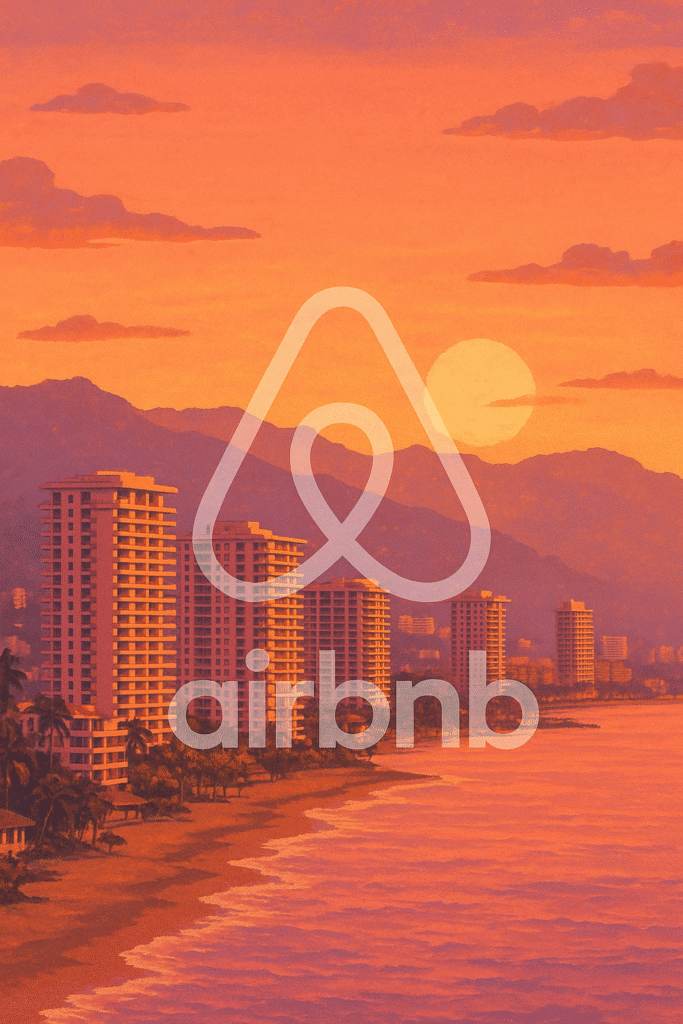 Sunset view of Puerto Vallarta beachfront skyline with Airbnb logo overlay