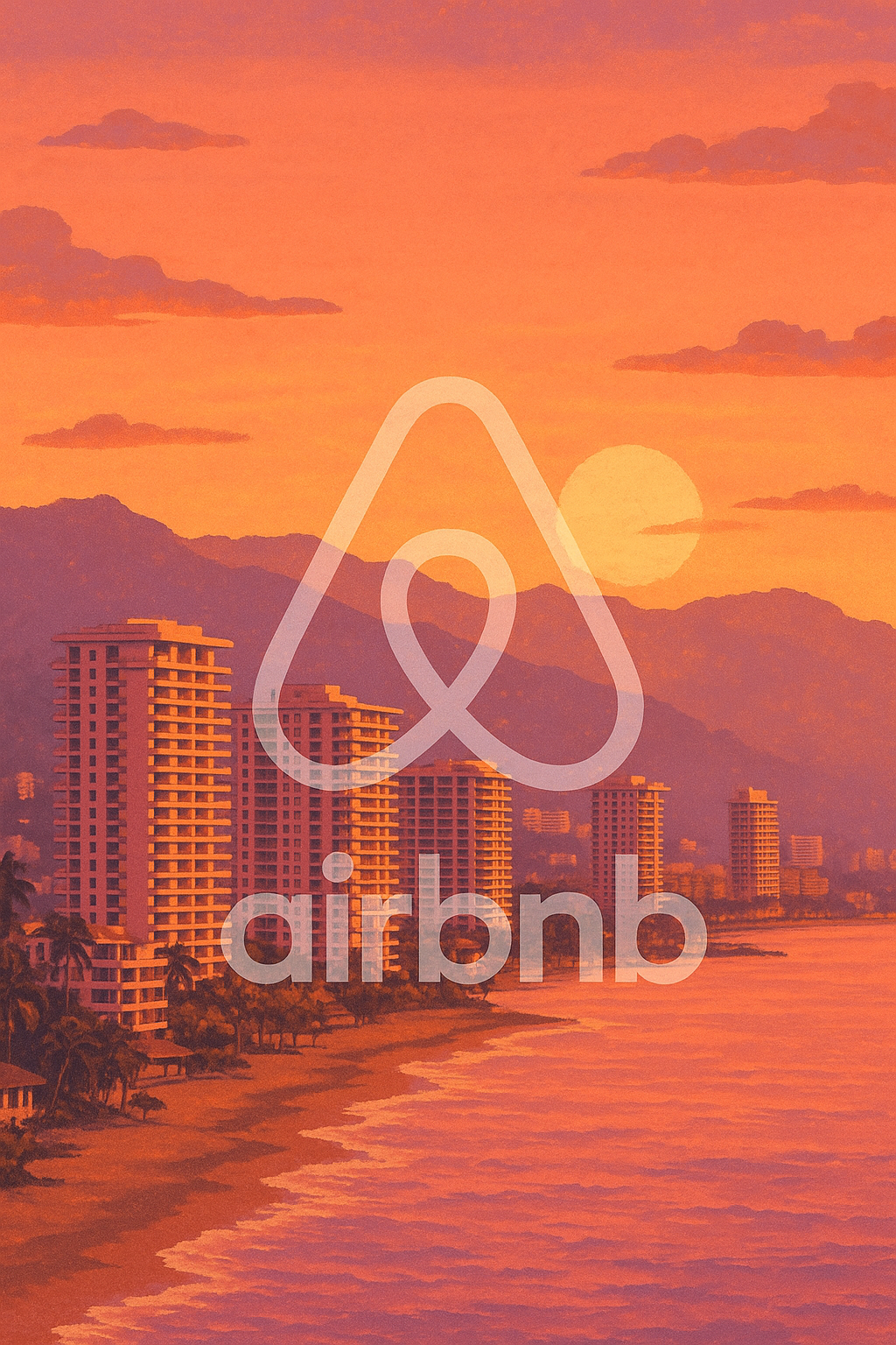 Sunset view of Puerto Vallarta beachfront skyline with Airbnb logo overlay