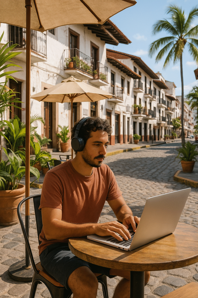 Digital nomad working on a laptop at an outdoor café in Zona Romántica, Puerto Vallarta