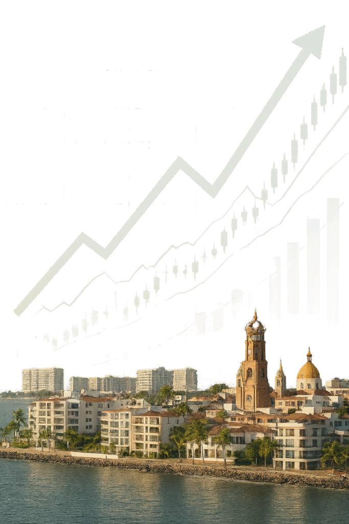 Puerto Vallarta real estate market 2025 growth concept with skyline and rising graph