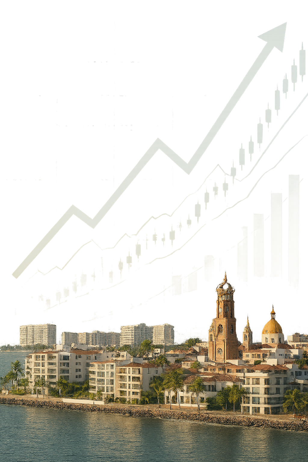Puerto Vallarta real estate market 2025 growth concept with skyline and rising graph