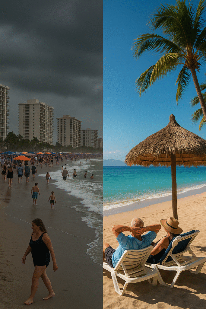 Split image of crowded Florida beach under stormy skies and peaceful Puerto Vallarta beach with retirees relaxing under palm trees