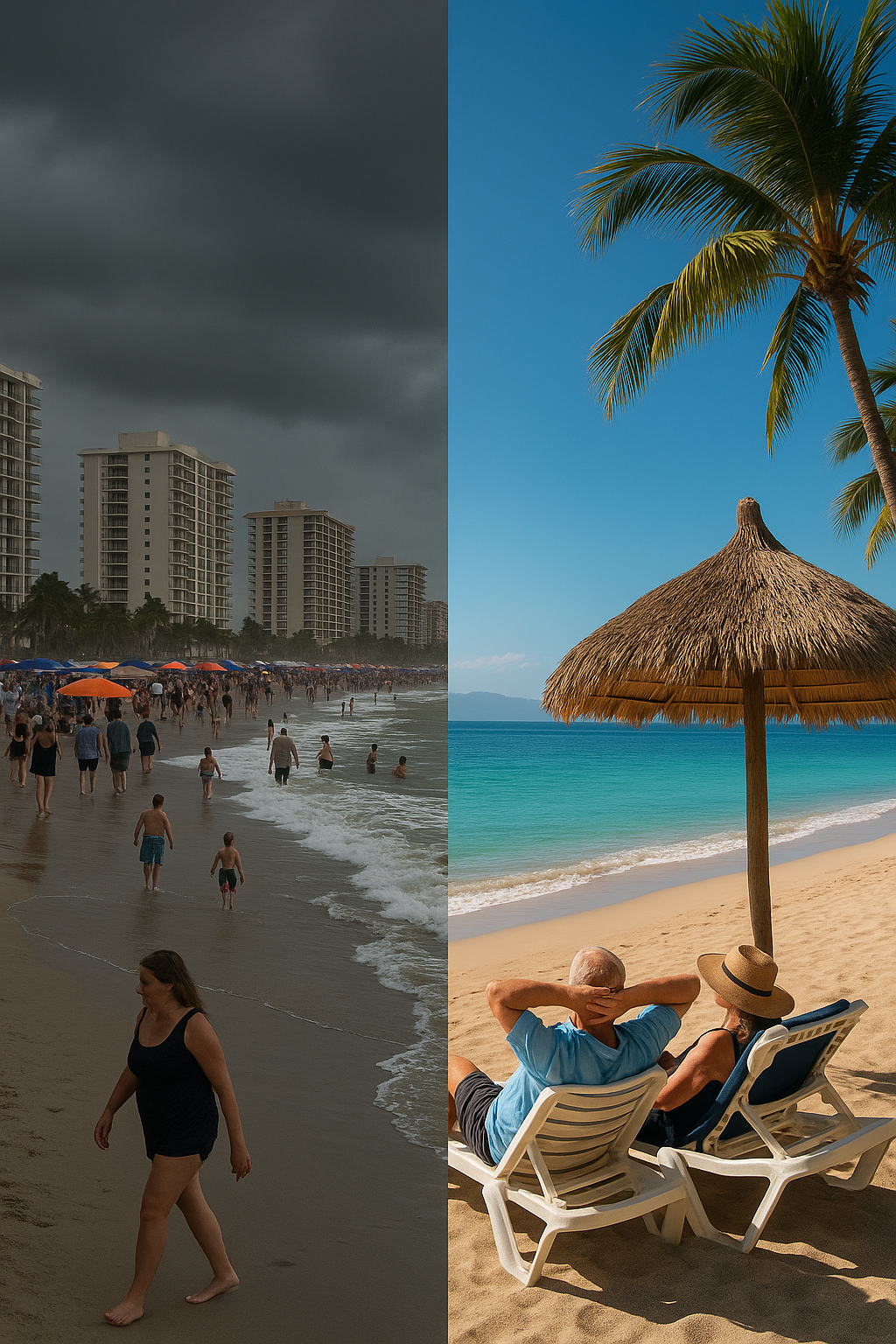 Split image of crowded Florida beach under stormy skies and peaceful Puerto Vallarta beach with retirees relaxing under palm trees