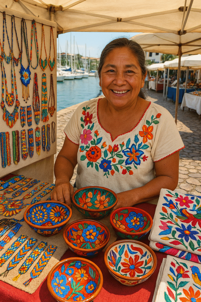 Smiling local artisan selling colorful handmade bowls and jewelry at Marina Vallarta Art & Market in Puerto Vallarta