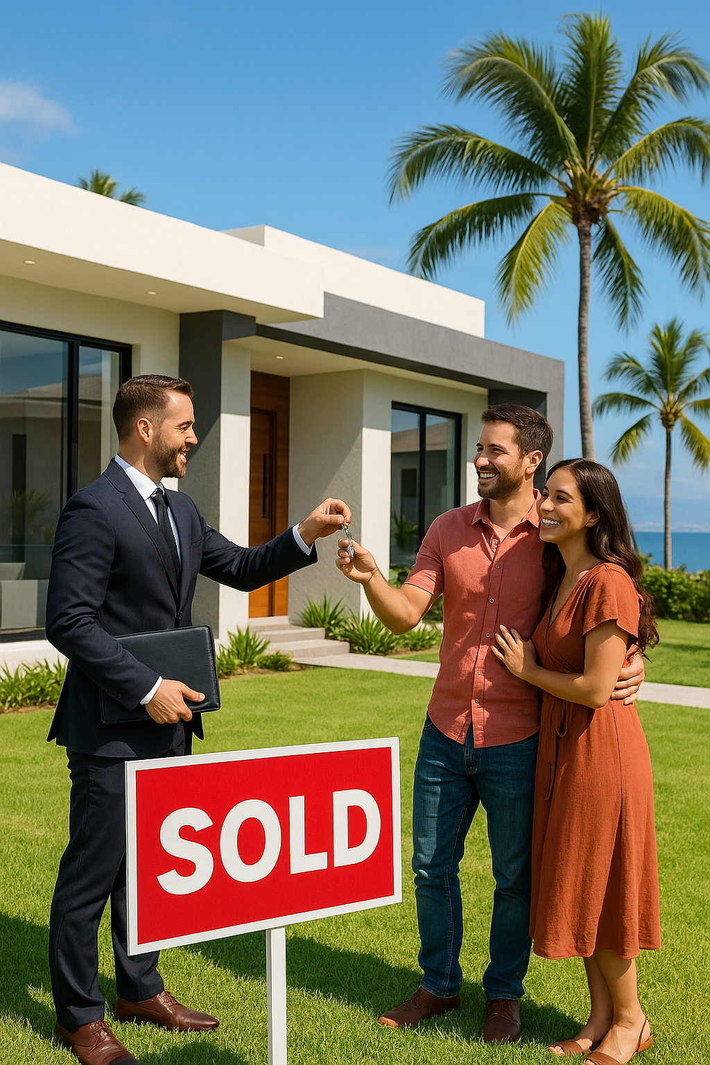 Happy couple receiving house keys from real estate agent in front of a modern beachfront home in Puerto Vallarta with a SOLD sign