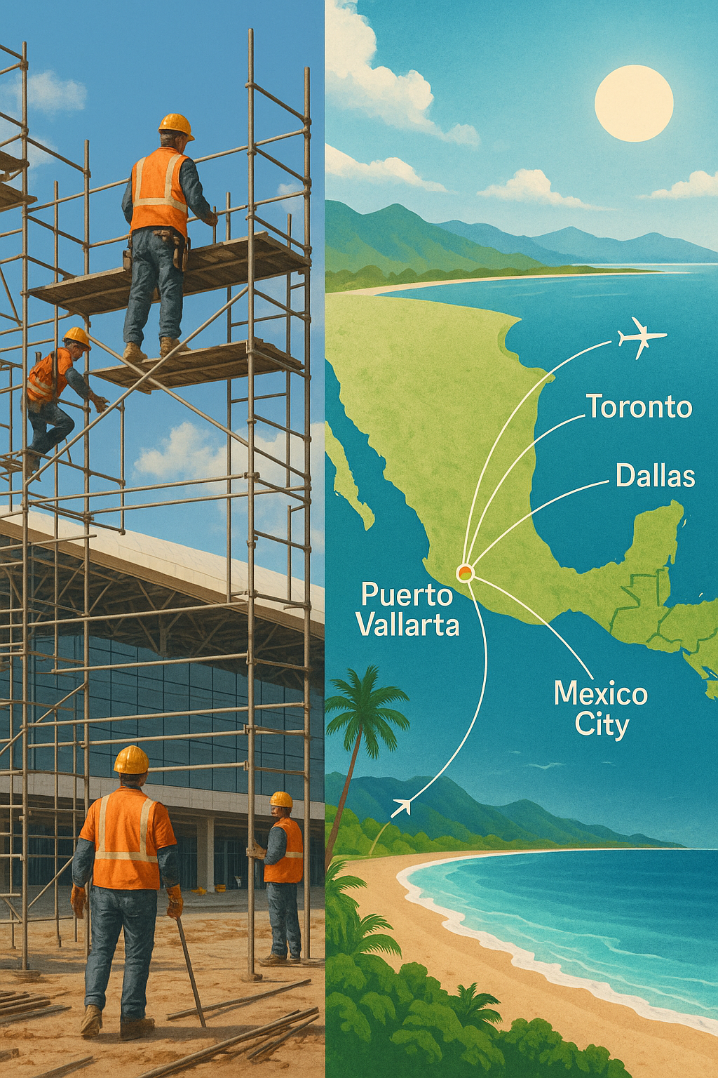 Construction workers building Puerto Vallarta airport terminal with infographic map showing international flight routes to Toronto, Dallas, and Mexico City