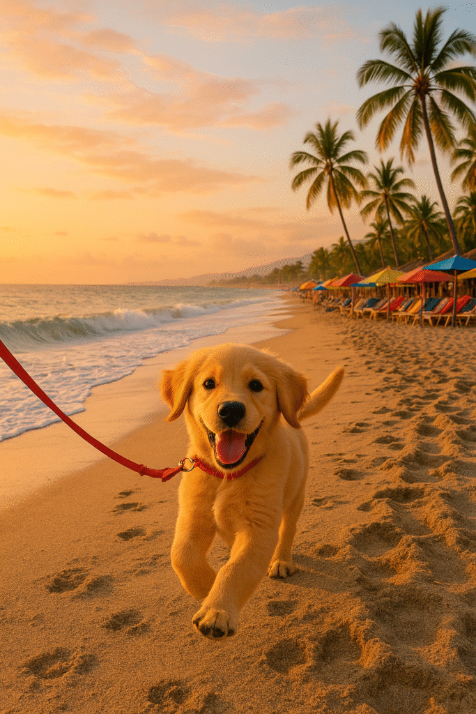 Happy golden retriever on a leash walking along Puerto Vallarta beach at sunset