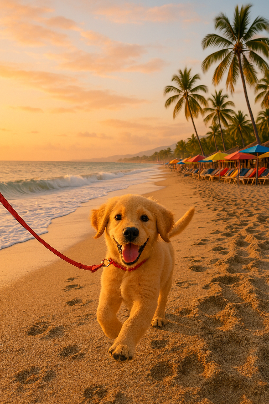 Happy golden retriever on a leash walking along Puerto Vallarta beach at sunset