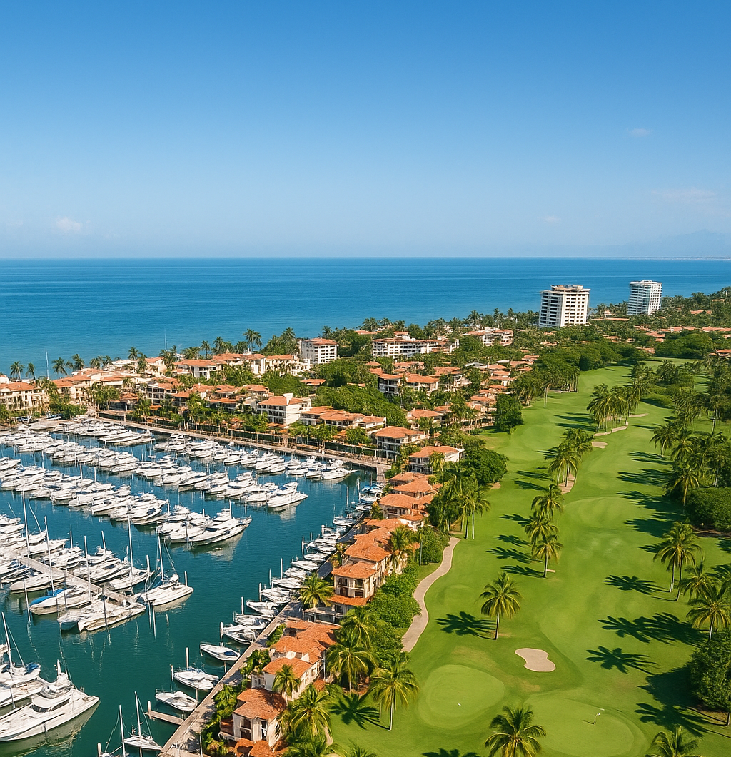 Aerial view of Marina Vallarta showing golf course and luxury yacht marina by the Pacific Ocean in Puerto Vallarta, Mexico