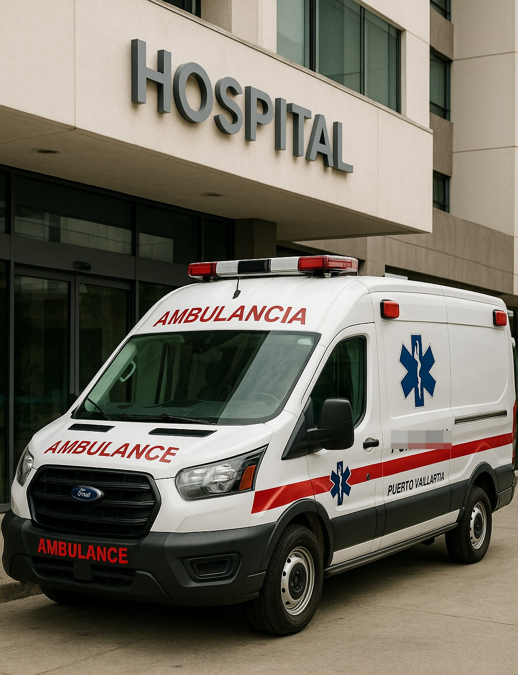 Ambulance labeled Puerto Vallarta parked outside a hospital in Mexico
