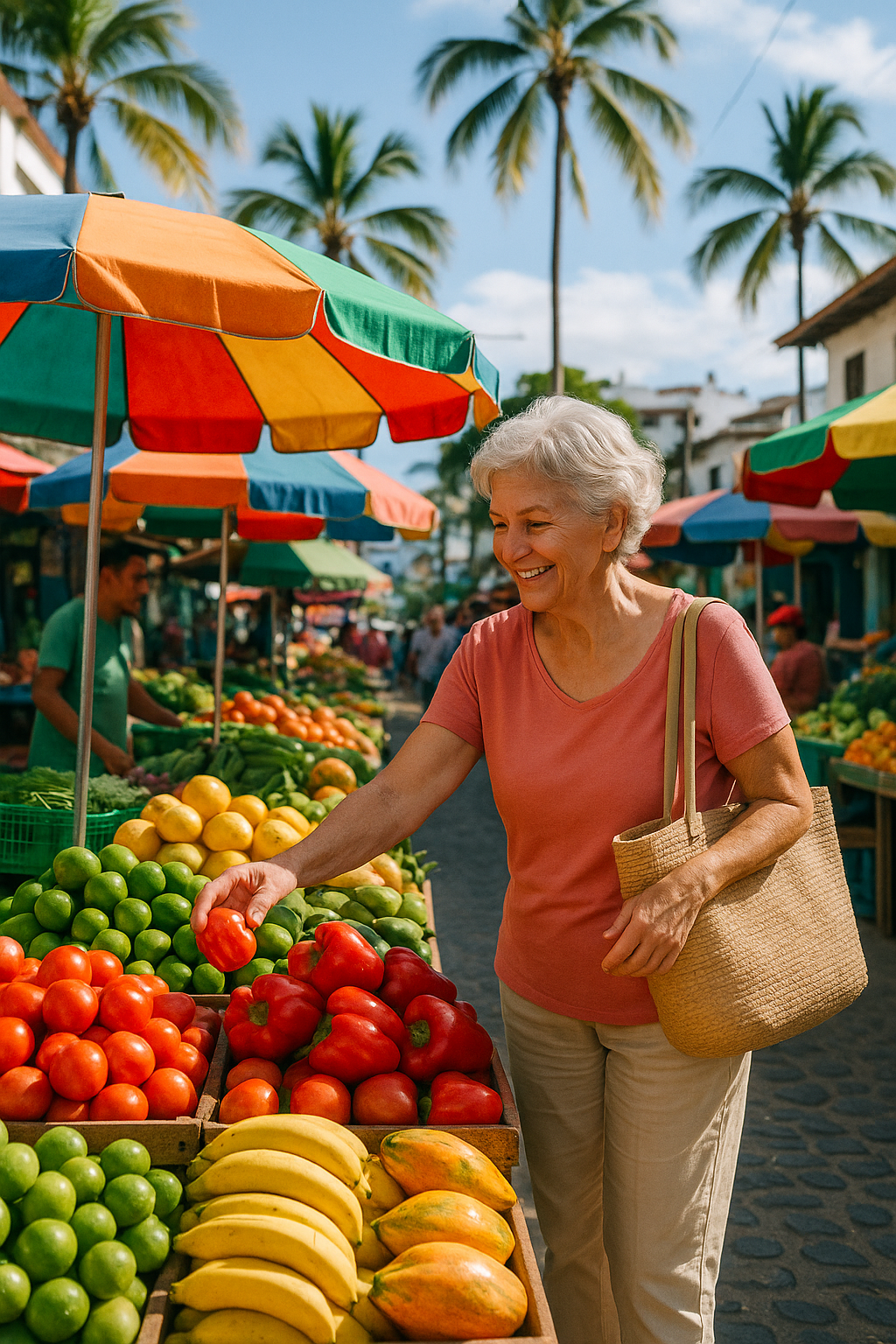 Senior woman shopping for fresh produce at a colorful outdoor market in Puerto Vallarta, Mexico.