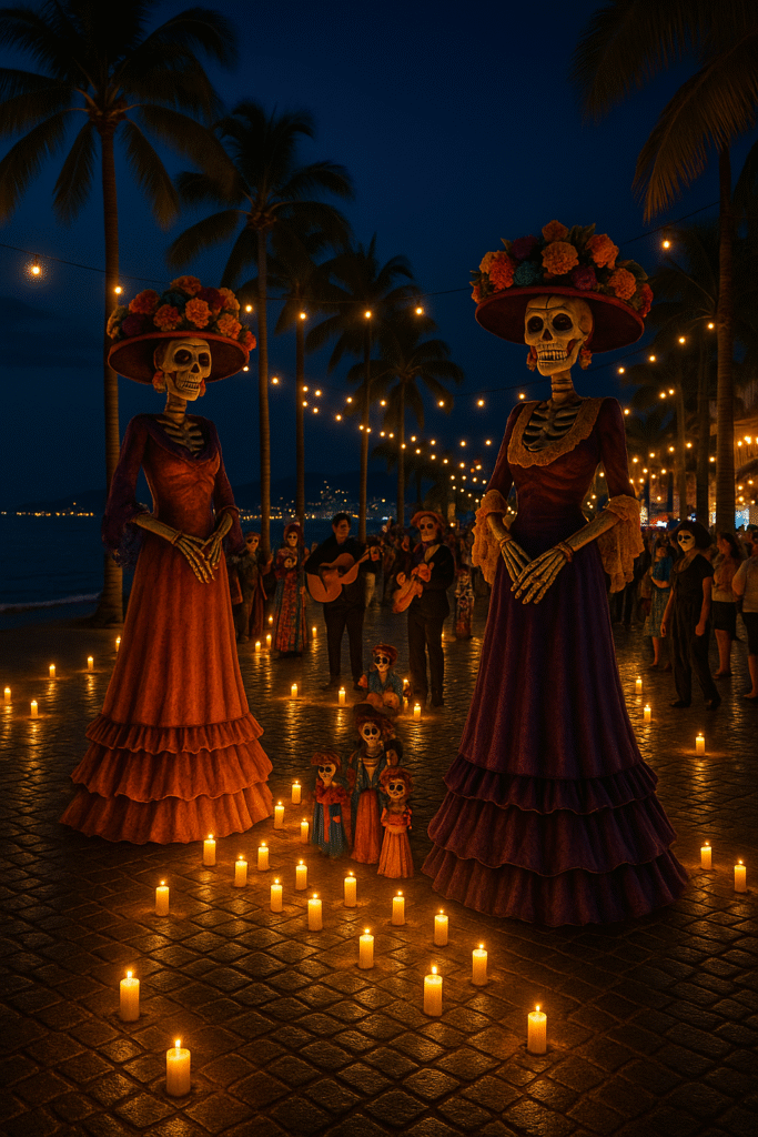 Día de los Muertos celebration on the Malecón in Puerto Vallarta with giant Catrina statues, candles, and people gathered at night
