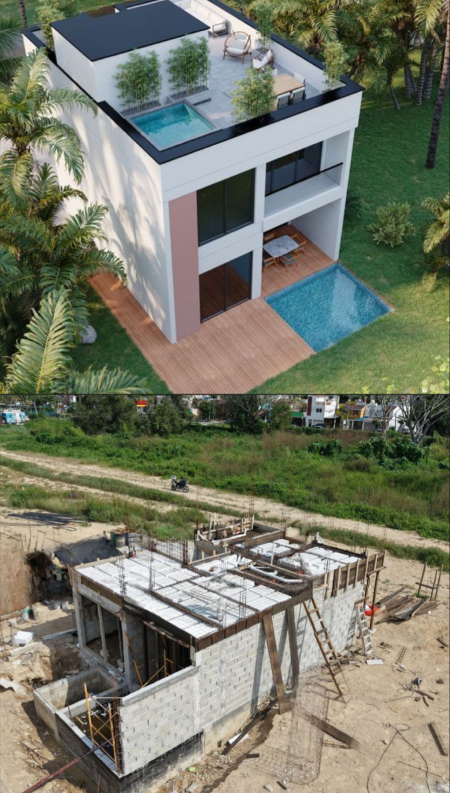 Before and after of a pre-construction villa project in Puerto Vallarta showing a modern finished home and the same structure under construction.