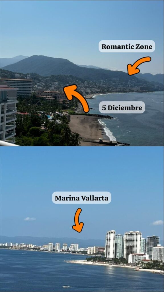 Overview of Puerto Vallarta zones: Marina Vallarta, Romantic Zone, and 5 Diciembre, with coastal view and cityscape.