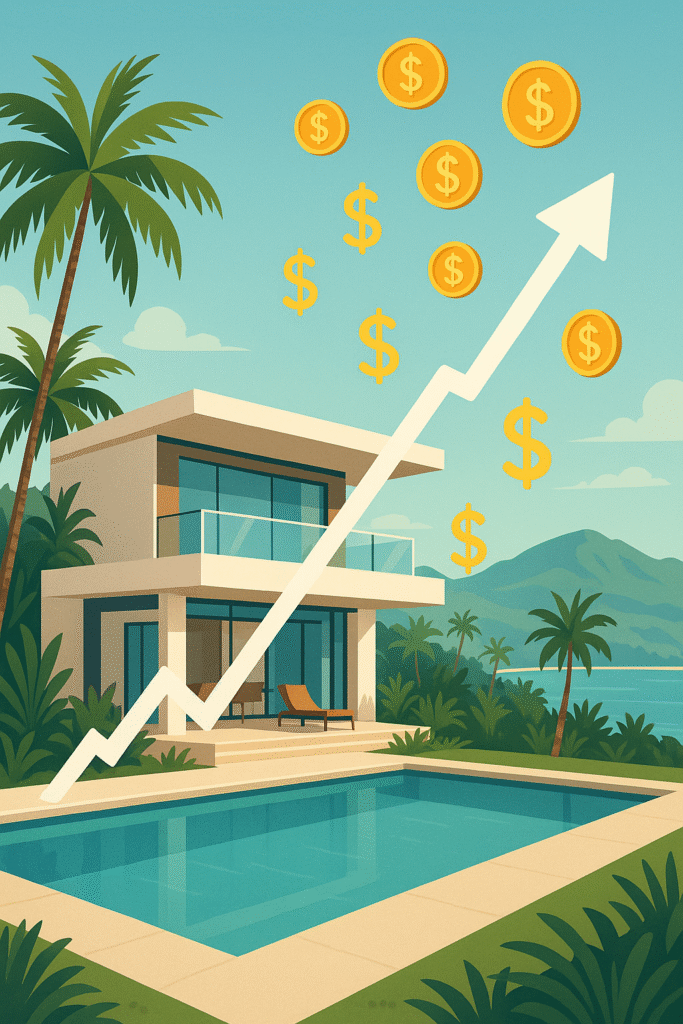 Modern luxury villa in Puerto Vallarta with pool and rising rental ROI graph
