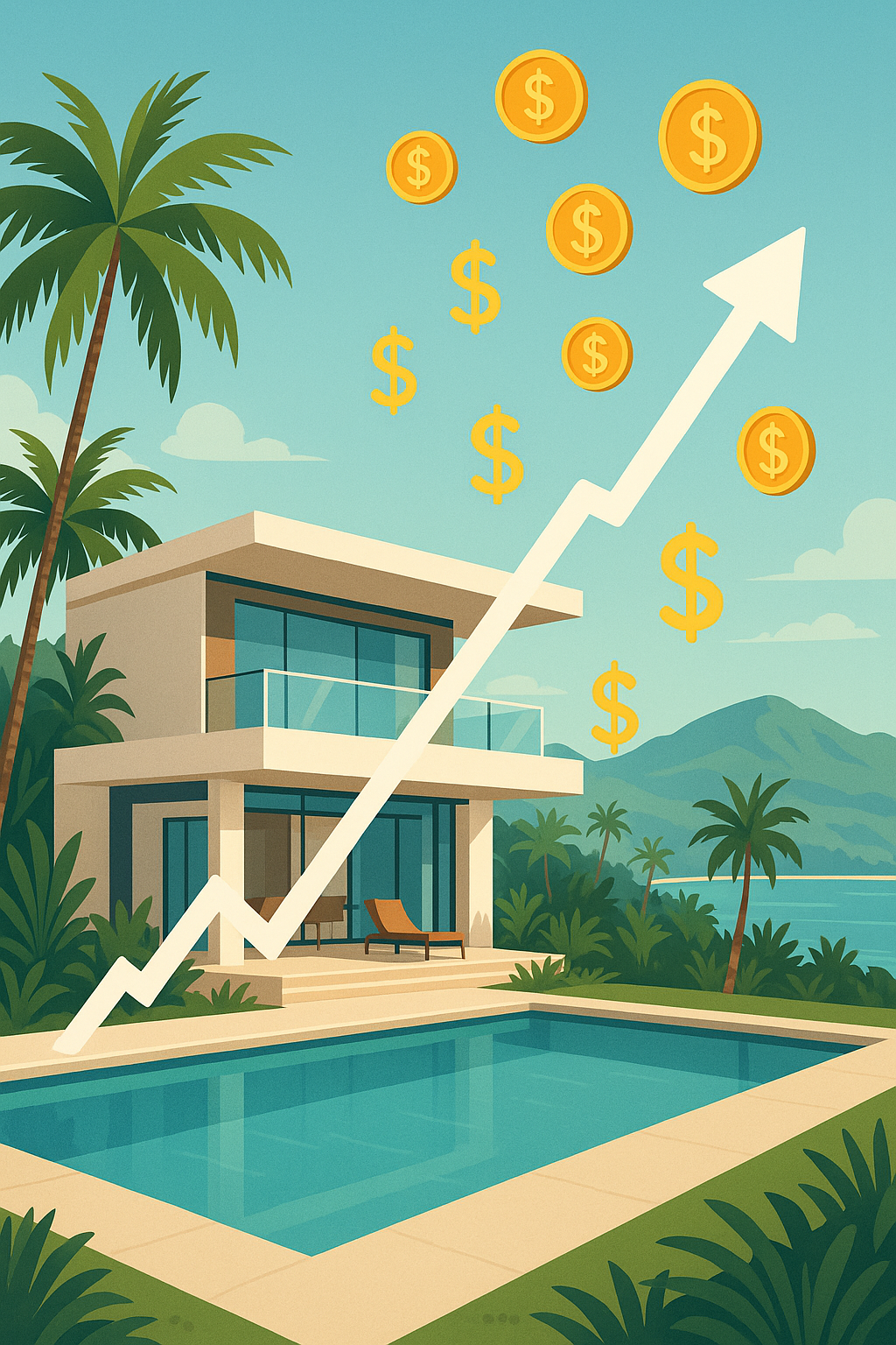 Modern luxury villa in Puerto Vallarta with pool and rising rental ROI graph